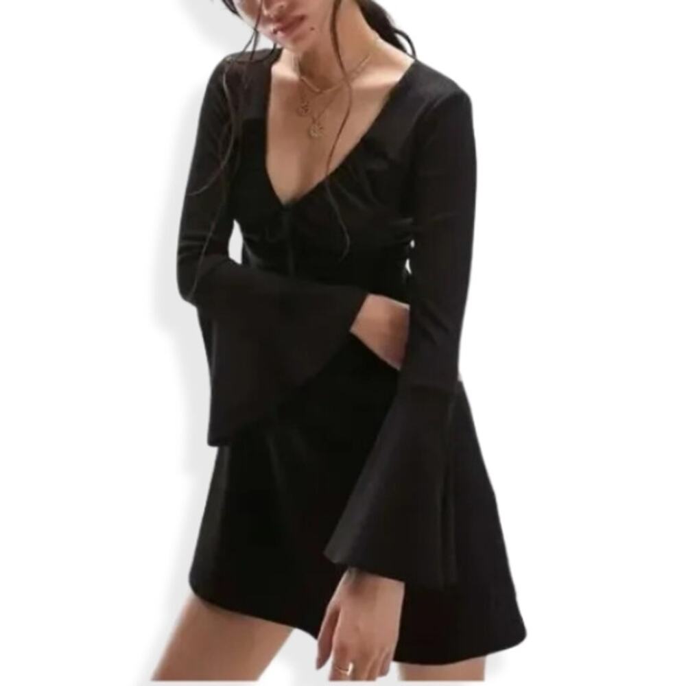 Topshop Mini Dress flared Bell Sleeves Jersey Fabric V Neck Black Women's XS NWT